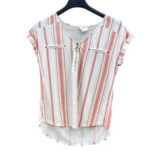 Flower & Feather Short Sleeved Top Decorative Zipper and Pockets Striped Size M